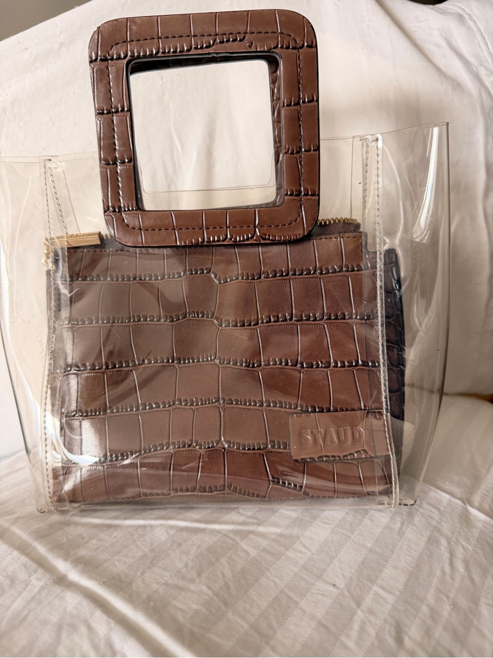 STAUD Shirley Bag Clear PVC with Brown Croc-Embossed Pouch